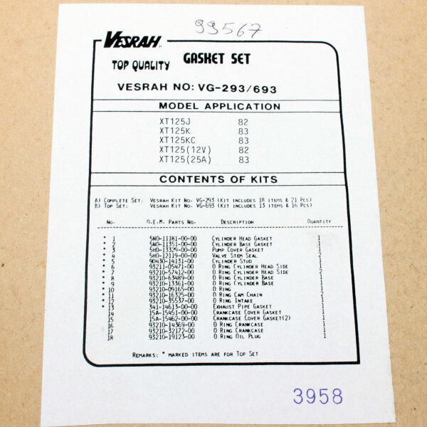 Engine gasket set complete for Yamaha XT 125 (5Y3) 82-83