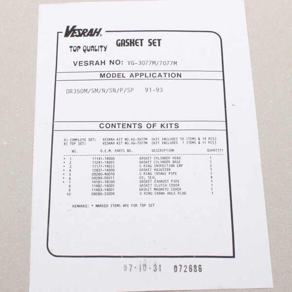 Engine gasket set complete for Suzuki DR 350 S (SK42B) 90-93
