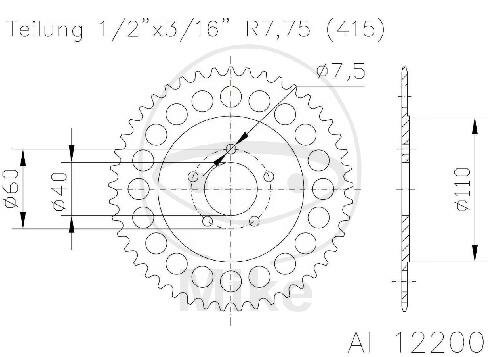 Pignon de chaîne  ALU 38 dents pas 415 SI ESJ 040 / 060