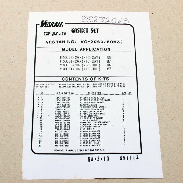Engine gasket set complete for Yamaha FZ YX 600 (2AY,1UL) 86-87